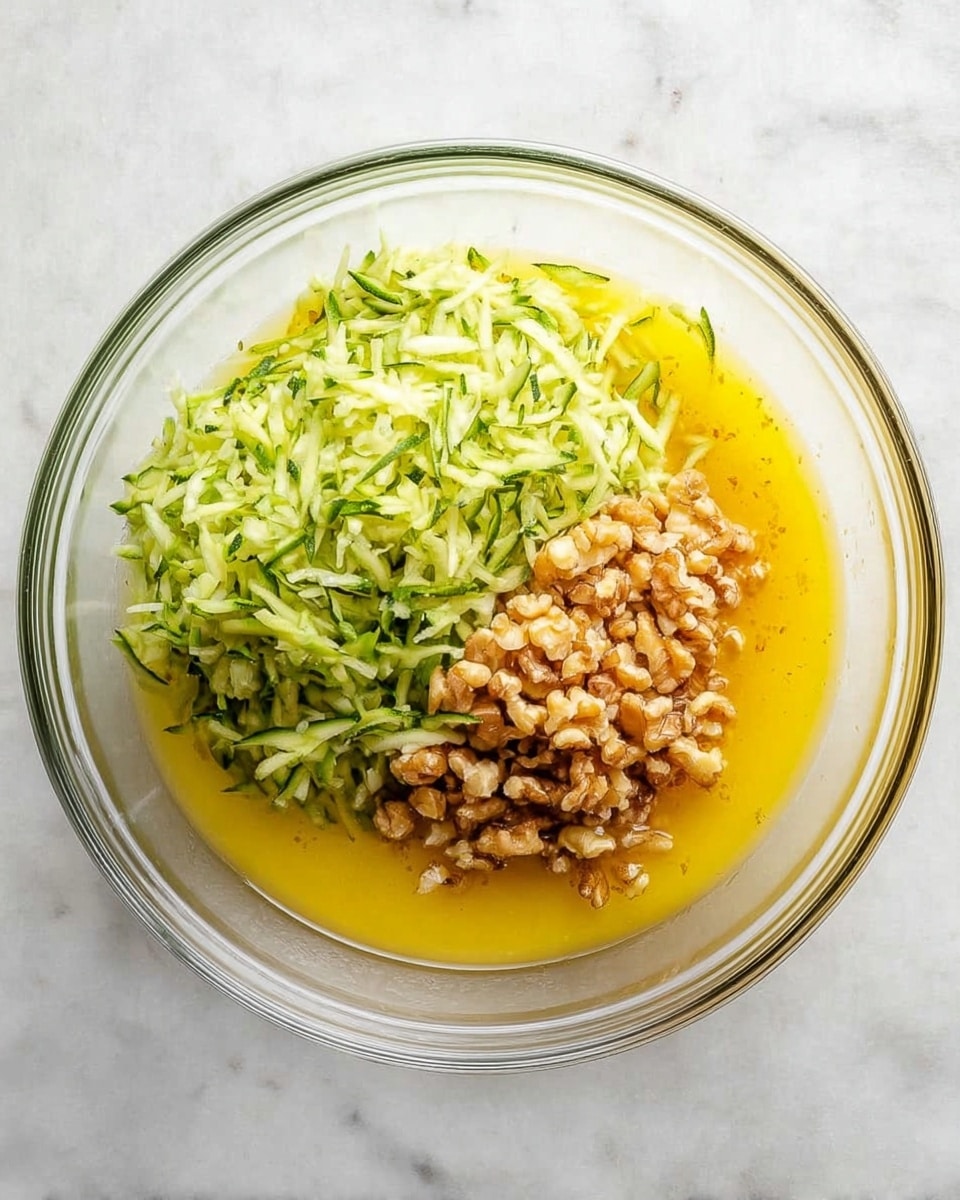 A clear glass bowl on a white marbled surface holds three visible layers: on the left side, a large pile of light green shredded zucchini with a moist texture; on the right side, a small heap of chopped, light brown walnuts; and underneath both, a smooth, bright yellow liquid creating a vibrant base layer that fills the bottom of the bowl. The ingredients are neatly separated but not mixed, showing their distinct colors and textures clearly. Photo taken with an iphone --ar 4:5 --v 7