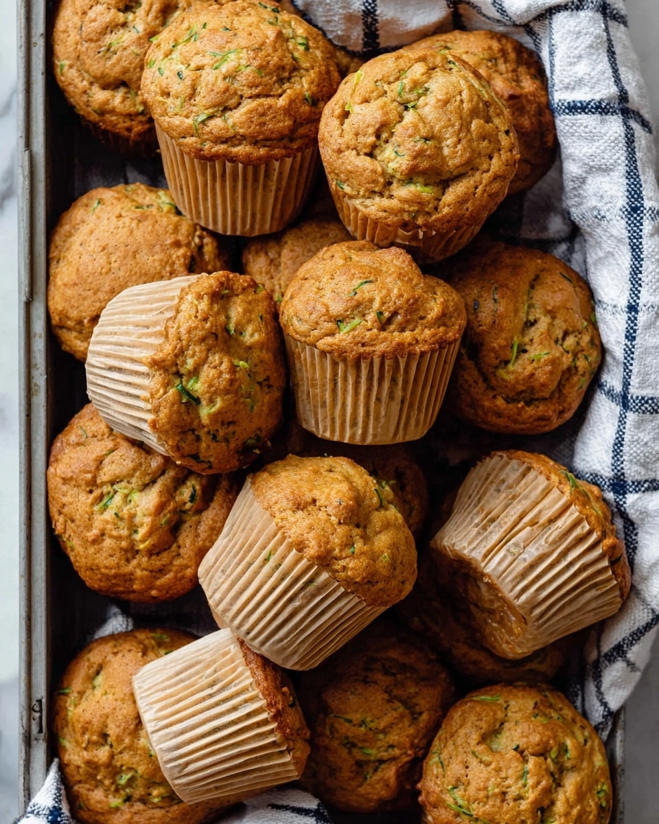 A close-up view of a metal tray lined with a white and blue checkered cloth, filled with about twelve golden brown muffins with slightly cracked tops showing bits of green zucchini inside. Some muffins are lying on the side showing the ridged paper liners in a light beige color, while others sit upright displaying a rough, textured top. The tray is placed on a white marbled surface. The muffins look soft and moist with a warm, baked finish photo taken with an iphone --ar 4:5 --v 7