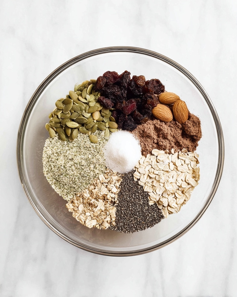 A clear glass bowl contains nine different dry ingredients arranged in separate sections. Starting from the top and moving clockwise, there are green pumpkin seeds with a smooth, flat texture, light green hemp seeds that look small and crumbly, a small dollop of white coconut oil sitting on top of sliced brown almonds, dark red dried cherries clumped together, brown flaxseed meal with a fine grainy look, white oat flour with a powdery texture, a small mound of cinnamon powder next to the oat flour, light beige rolled oats with a rough texture, and black chia seeds in the middle with a shiny, tiny seed texture. The bowl is placed on a surface with a white marbled texture. photo taken with an iphone --ar 4:5 --v 7