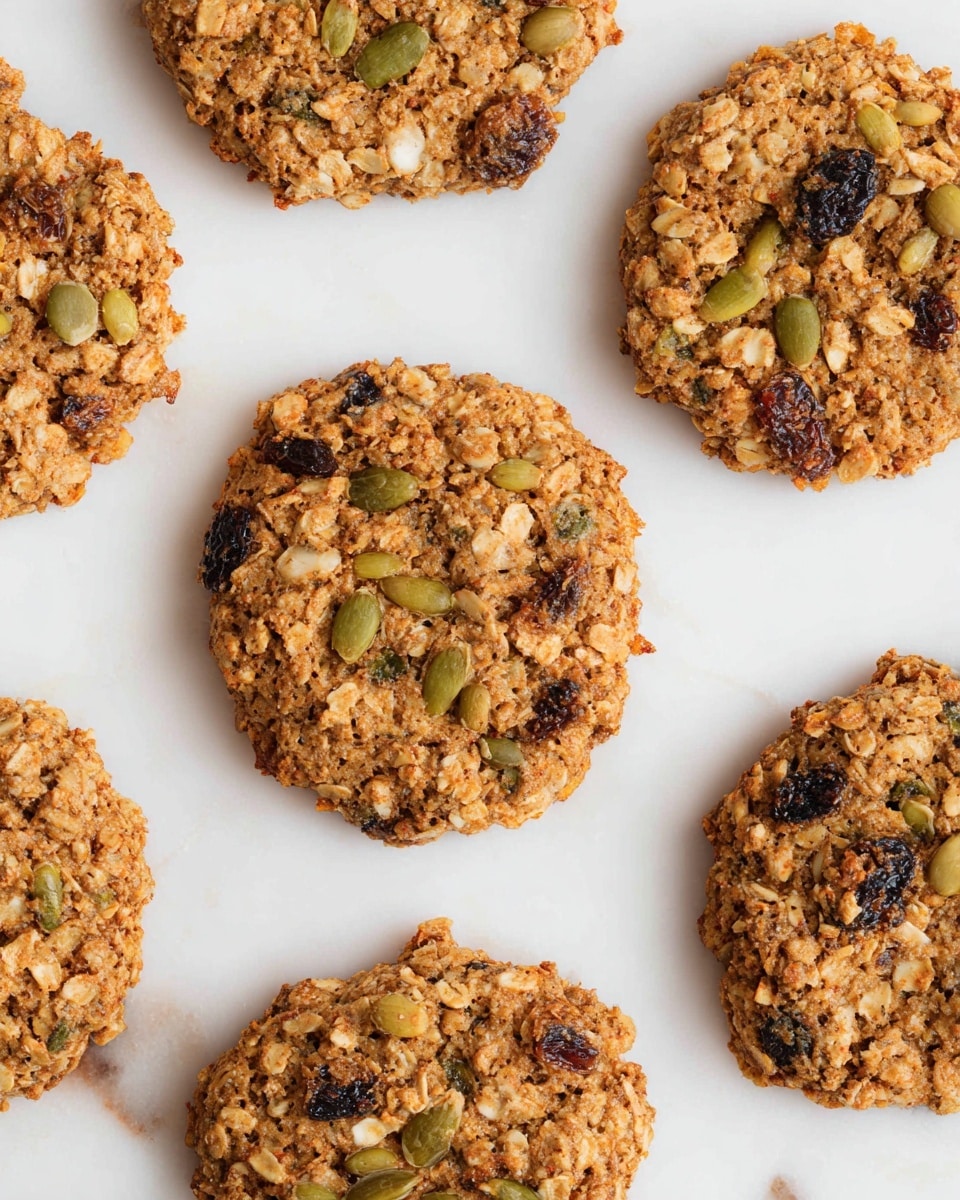 The image shows several round oatmeal cookies with a rough texture spread out on a white marbled surface. Each cookie has a mix of visible ingredients like pumpkin seeds, oats, nuts, and dark dried fruits embedded on the golden-brown surface. The cookies are evenly spaced and appear slightly thick with a bumpy crust, showing a natural, homemade look. The overall color of the cookies is warm brown with green seeds and dark bits scattered on top, adding contrast. The setting is bright and clean, focusing closely on the texture and detail of the cookies. photo taken with an iphone --ar 4:5 --v 7
