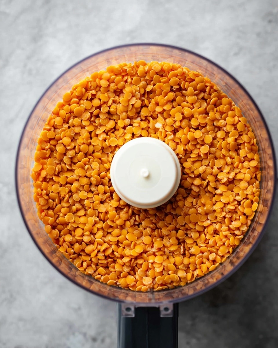 The image shows a top view of a clear food processor bowl filled with small, round, orange lentils. The lentils cover the white central blade holder in the middle of the bowl. The food processor base is white, and all this is placed on a white marbled surface. The texture of the lentils is smooth and slightly shiny, and they are evenly spread inside the bowl. Photo taken with an iphone --ar 4:5 --v 7