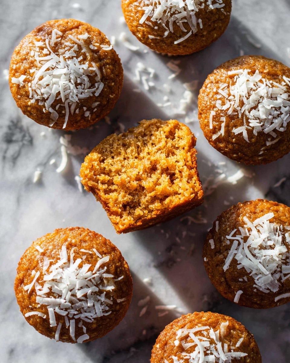 The image shows seven small muffins arranged on a white marbled surface. Six muffins are whole, golden-brown with a slightly rough texture, and topped with white shredded coconut pieces scattered unevenly. The seventh muffin is cut in half, placed in the center, revealing its soft, moist interior with an airy crumb structure in a warm orange-brown color. The light creates soft shadows, highlighting the texture of the muffins and the coconut topping. Photo taken with an iphone --ar 4:5 --v 7
