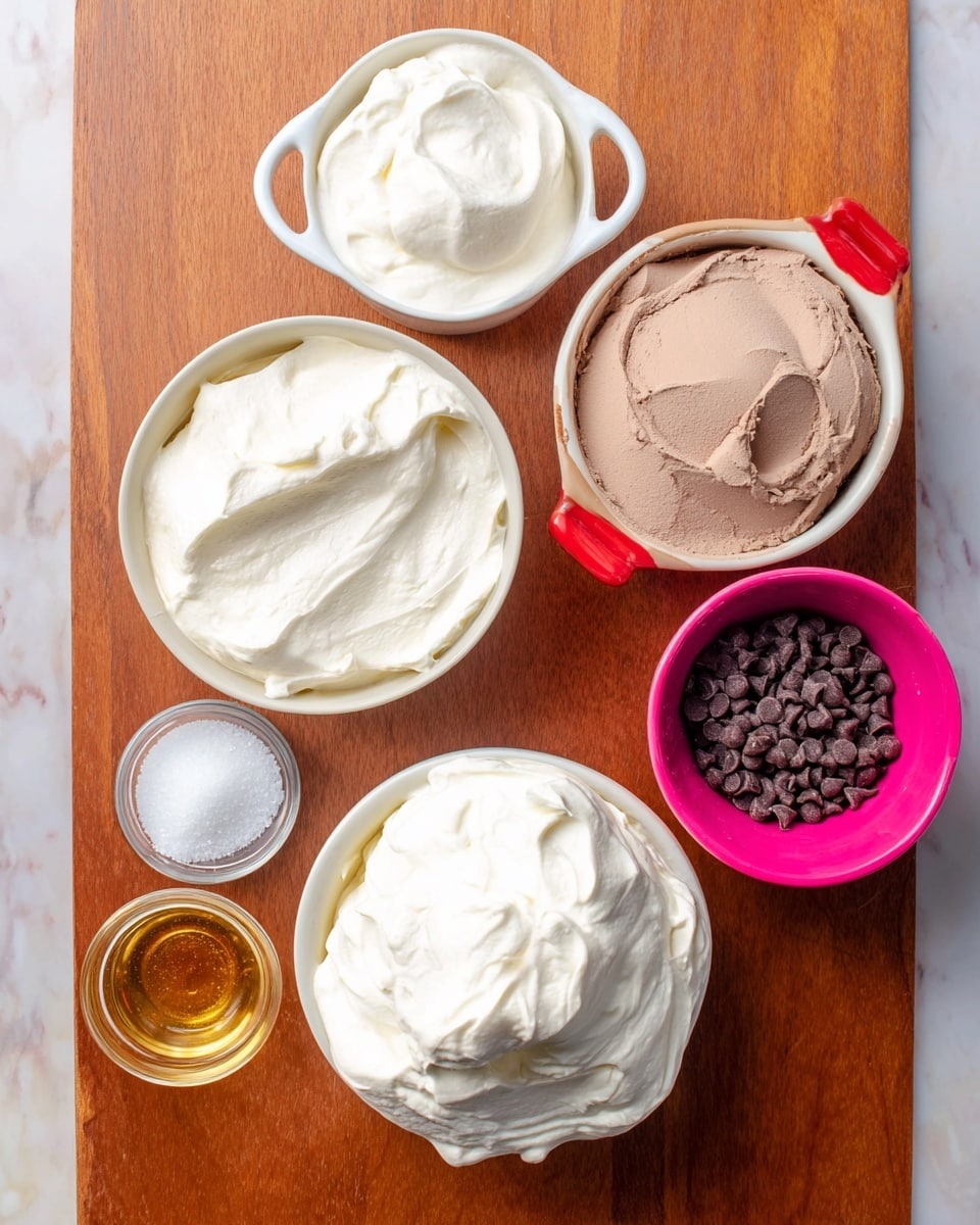 The image shows six bowls with different ingredients on a wooden surface. At the top left, there is a white bowl filled with smooth, white cream. To the right, a white bowl with two red handles holds light brown powder. Below, a white bowl contains thick, white whipped cream. On the bottom right, a small bright pink bowl is filled with small dark chocolate chips. To the left of it, there is a small clear glass bowl with golden liquid, likely vanilla extract. Above this, a small clear bowl contains white granulated sugar. The background is a white marbled texture. photo taken with an iphone --ar 4:5 --v 7