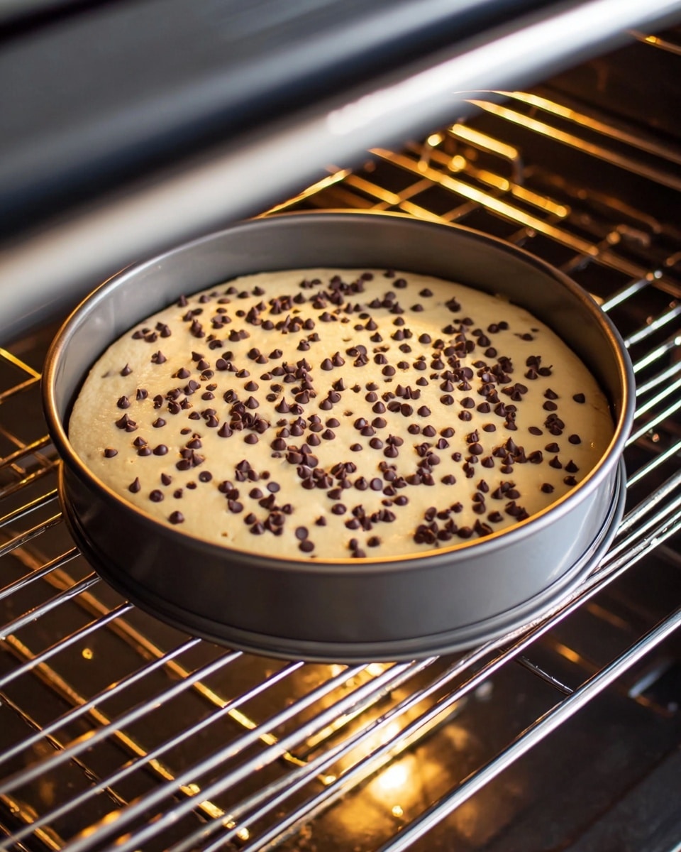 A round cake pan filled with a thick creamy batter that is pale beige in color, sprinkled evenly with many small dark brown chocolate chips on top. The pan is set inside an open oven with metal oven racks and warm yellow light glowing in the background. The cake batter surface is smooth and dotted with the chocolate chips creating a textured look. The outside of the pan is dark gray, and the oven interior is metallic with silver racks. The scene is lit warmly, showing the cake about to bake. photo taken with an iphone --ar 4:5 --v 7