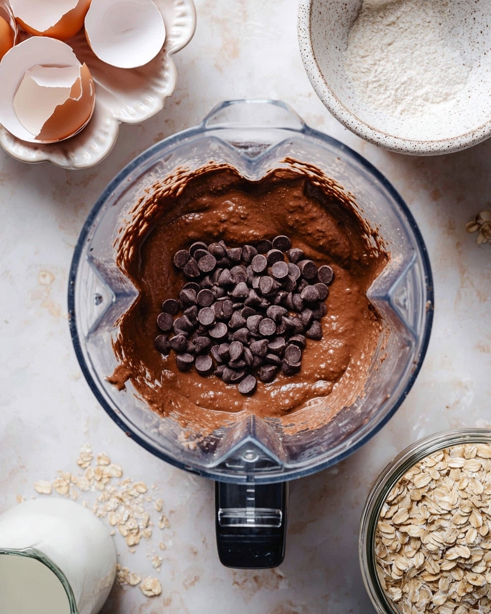 A clear blender container is filled with a smooth, thick chocolate batter as the base layer, dark brown and creamy in texture. On top, there is a pile of dark chocolate chips that are slightly glossy and round, scattered in the center. The blender jar sits on a white marbled texture surface. Around the blender, there are broken eggshells placed in a white flower-shaped dish at the top left, a small clear glass jug with white liquid at the bottom left, a white bowl with a speckled texture and some white residue inside at the top right, and an open glass jar filled with rolled oats with some oats spilled next to it on the right side. Photo taken with an iphone --ar 4:5 --v 7