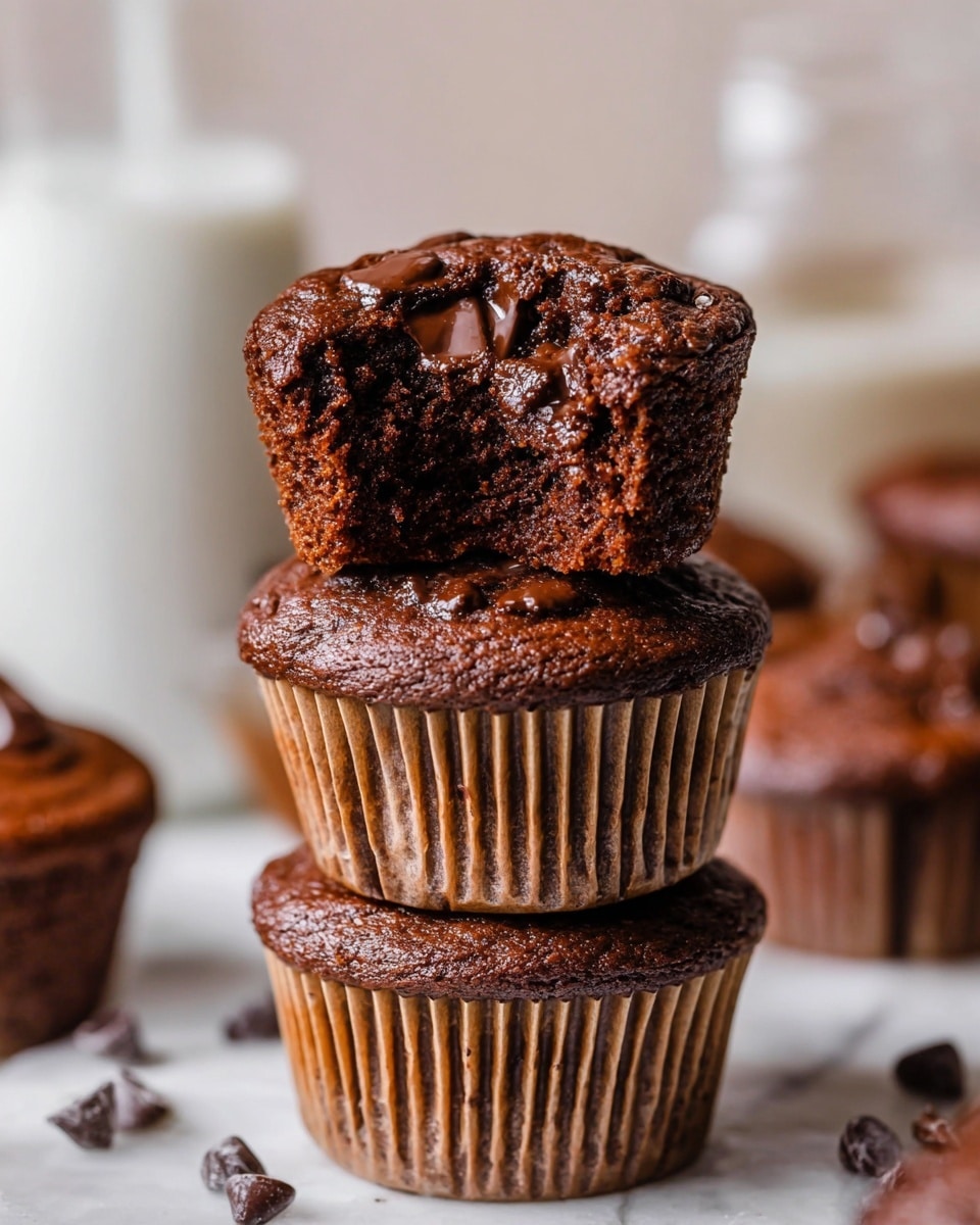A stack of three rich chocolate muffins is shown on a white marbled surface, with the top muffin having a bite taken out, revealing a dense and moist dark brown interior speckled with melted chocolate chunks. Each muffin has a smooth, slightly shiny top with a few chocolate chips embedded, and the muffins are wrapped in light brown paper liners with vertical ridges. In the background, more muffins are faintly visible with soft focus, alongside a blurred glass jar and a glass of milk, all set against a soft, warm white backdrop. Photo taken with an iphone --ar 4:5 --v 7