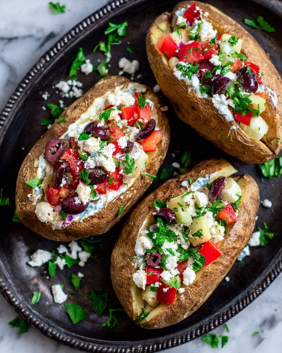Three baked potatoes with brown, textured skins are placed on a dark round tray with a detailed edge, on a white marbled surface. Each potato is sliced open lengthwise and filled with layers starting with a white creamy cheese base, topped with chopped bright red tomatoes, chunks of white cheese, dark purple and green olives, and sprinkled with fresh green parsley. Some cheese crumbles and parsley flakes are scattered around the potatoes on the tray, adding a fresh touch. The photo taken with an iphone --ar 4:5 --v 7