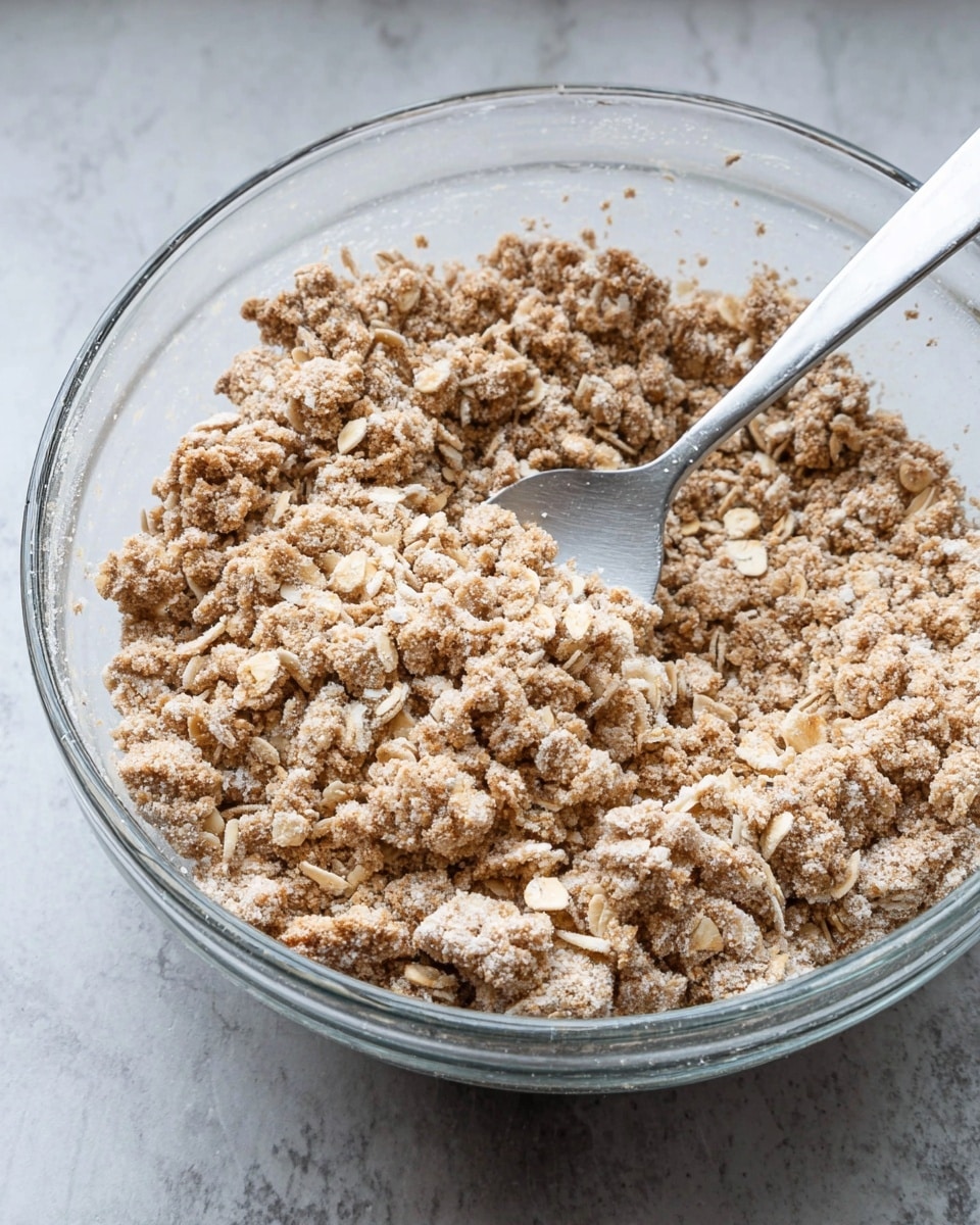 A clear glass bowl holds a crumbly mixture of light brown and beige oats and sugar clumps with a rough texture; a silver spoon rests inside, partially covered by the mixture. The bowl sits on a white marbled surface, and the mix looks dry and grainy with small oat flakes visible throughout. The scene is lit softly from above, showing the texture and slight unevenness of the mixture's clusters photo taken with an iphone --ar 4:5 --v 7