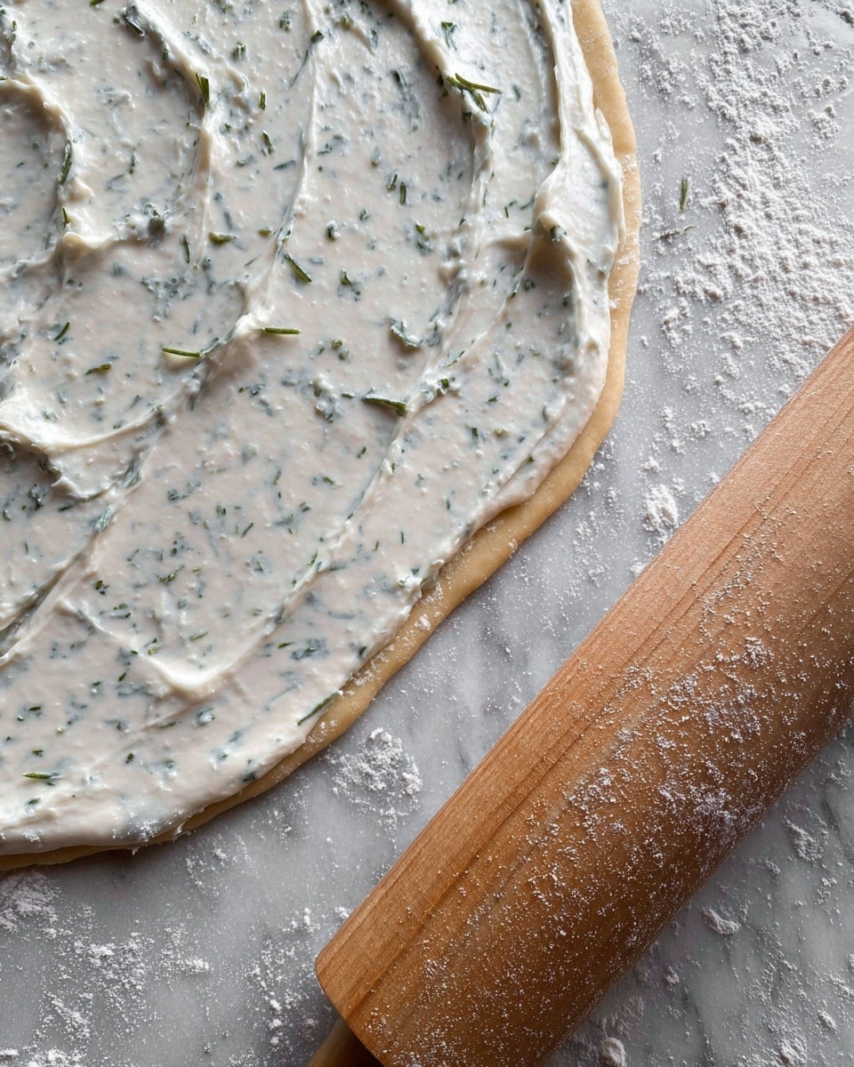 A close-up view of a light brown dough sheet rolled out on a grey flour-dusted surface, topped with a creamy white spread mixed with small green herb pieces, smoothly covering almost the entire dough layer. A wooden rolling pin dusted with flour rests beside the dough on the right side. The surface beneath has a white marbled texture. photo taken with an iphone --ar 4:5 --v 7