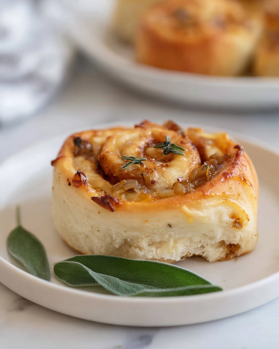 A single savory roll sits on a white plate, showing about three visible layers of soft, pale dough swirled with golden melted cheese and small pieces of browned onions and herbs. Two fresh green leaves are placed next to the roll on the plate. The roll has a slightly crispy golden edge with a soft, fluffy inside. The plate is on a white marbled surface with a blurred background hinting at another white plate with more rolls. Photo taken with an iphone --ar 4:5 --v 7