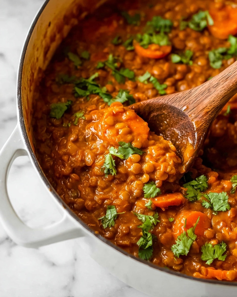 A close-up view of a thick, orange-brown stew filled with soft carrot slices and lentils, topped with bright green cilantro leaves scattered across the surface. The stew is inside a white pot with a handle visible at the bottom left, and a wooden spoon is lifting some of the thick mixture in the middle right area of the image. The background shows a white marbled surface. photo taken with an iphone --ar 4:5 --v 7