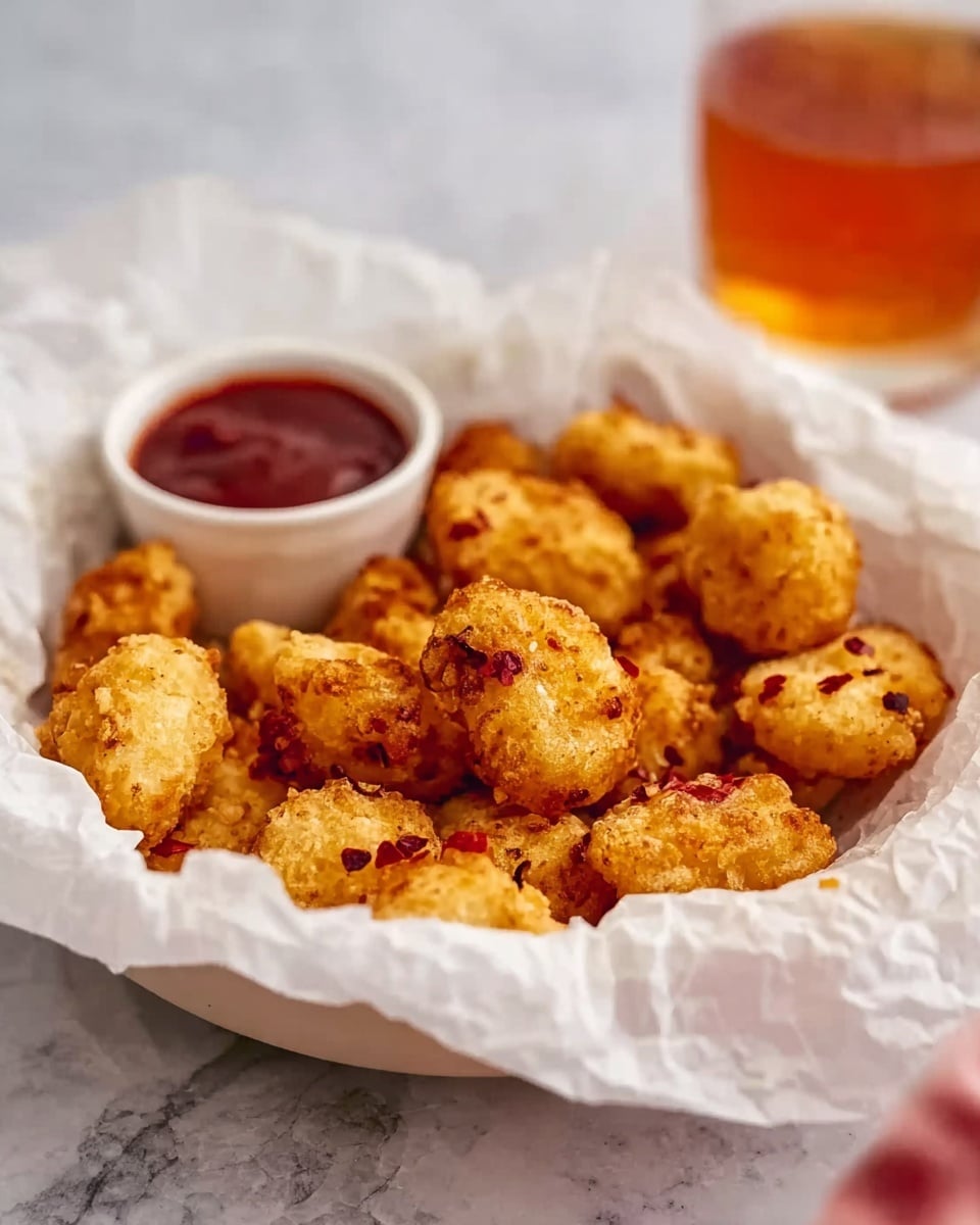 Small, golden brown fried nuggets are placed in a crumpled white paper-lined white bowl. The nuggets have a crunchy texture, with some darker browned spots and small red seasoning flakes scattered on top. To the left inside the bowl, there is a small white round dish of dark red sauce. The bowl sits on a white marbled surface, and in the background, a glass with an amber-colored drink is slightly out of focus. A woman's hand is partially visible near the bottom right of the bowl. Photo taken with an iphone --ar 4:5 --v 7