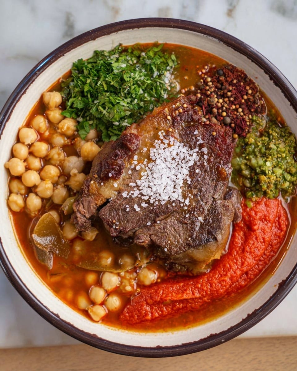 The dish is served in a white bowl with a dark rim, filled with many layers. In the center, there is a thick, cooked meat piece, topped lightly with white salt crystals. Around the meat, on the left side, there are light brown chickpeas floating in a brown broth. On the far left edge, there’s a small pile of fresh green herbs. At the top, there are small heaps of brown and dark red spices, and a dollop of green chopped vegetables near the meat. On the right side, there is a bright red sauce spread thickly, and more chickpeas near the edge. The bowl sits on a white marbled surface. photo taken with an iphone --ar 4:5 --v 7