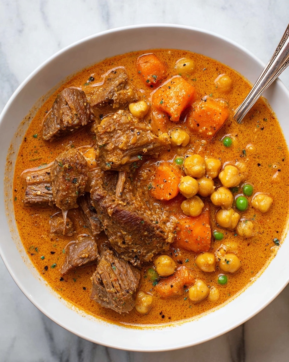 A white bowl is filled with a rich, creamy orange-brown stew. The stew has two main layers: one side shows chunks of tender brown meat with visible strands and texture, and the other side has orange carrot slices, light yellow chickpeas, and a few bright green peas mixed in the thick sauce. The sauce looks smooth with specks of black pepper and herbs throughout. A silver spoon rests in the bowl at the top right corner. The bowl is placed on a white marbled surface. photo taken with an iphone --ar 4:5 --v 7