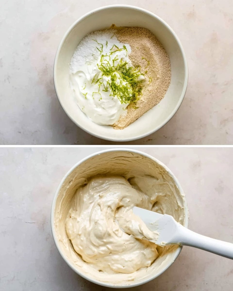 Two photos show a white bowl on a white marbled surface. In the first photo, the bowl has five layers of ingredients; a light brown powder (flour) on the right, white powder (baking soda or baking powder) on the upper left, white thick cream (yogurt or sour cream) on the middle left, a beige liquid (oil or honey) near the bottom left, and fresh green zest (probably lime or lemon) on top. In the second photo, the ingredients are mixed into one smooth, creamy light beige layer, with a white spatula resting on the right inside of the bowl. Photo taken with an iphone --ar 4:5 --v 7