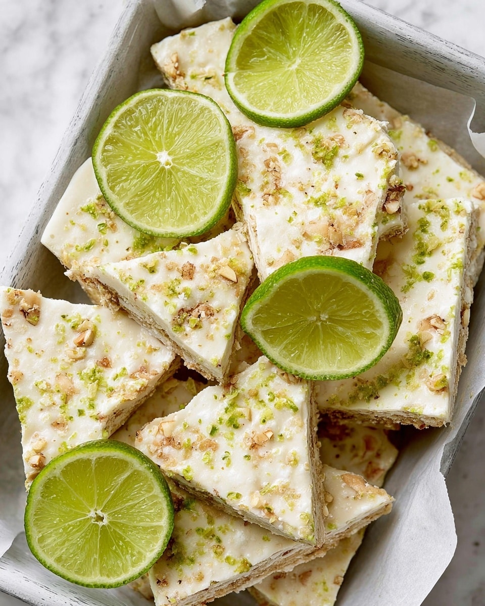 The image shows several pieces of a white bark-like treat arranged closely together, each piece irregularly shaped with a rough texture on top due to small bits of crushed nuts and grated lime zest scattered over a creamy white base. Interspersed among the bark pieces are several thin slices of fresh lime with a glossy, juicy green-yellow interior and a smooth rind. The pieces and lime slices rest on white parchment paper inside a metal tray, all set against a white marbled background. photo taken with an iphone --ar 4:5 --v 7