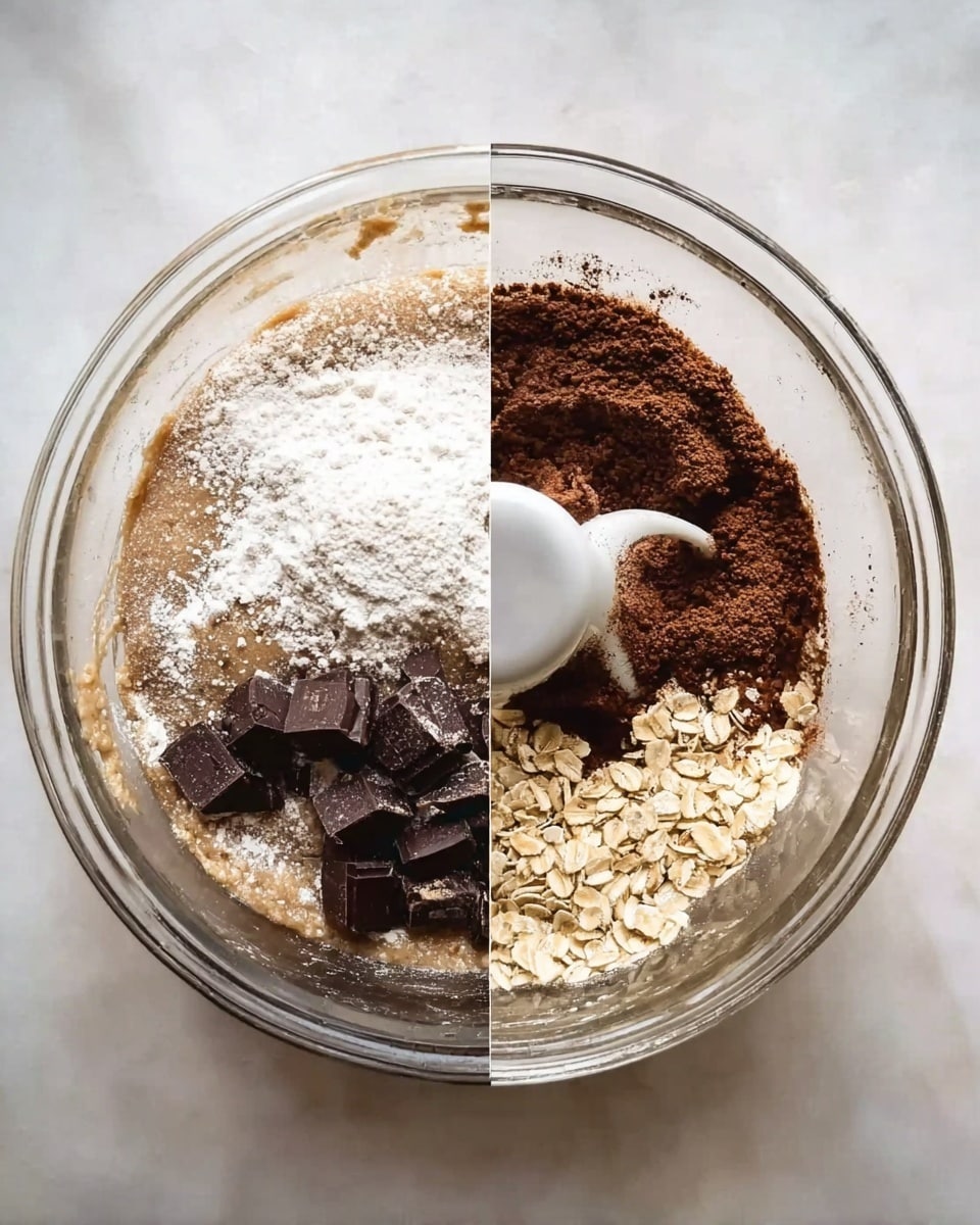 Two clear glass bowls sit on a white marbled surface. In the first bowl, three layers are visible: a light brown dough base, dusted unevenly with white flour mainly around the edges and a darker brown powder sprinkled lightly in the center. In the second bowl, three layers rest inside the dark brown dough: the dough itself covering the bottom and sides, light tan rolled oats on the right, and small square pieces of dark brown chocolate on the bottom left. A white mixing blade is partially buried in the dough near the top center. photo taken with an iphone --ar 4:5 --v 7