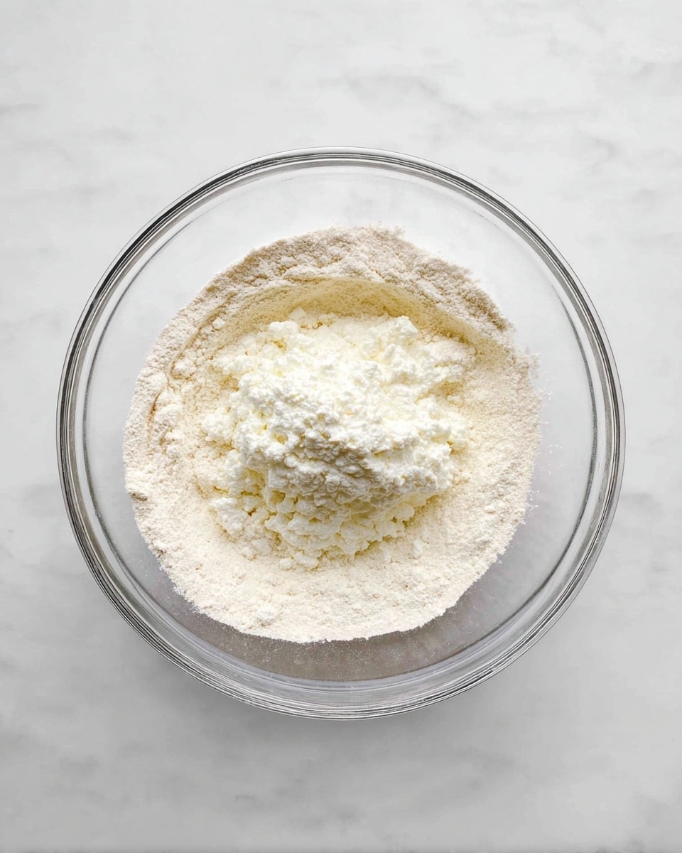 A clear glass bowl is placed on a white marbled surface. Inside the bowl, there is one layer of light beige flour spread across the bottom and sides, forming a shallow ring. On top of the flour, in the center, there is a mound of white, slightly lumpy cottage cheese with a soft texture. The overall look is simple and clean, with the white and beige colors contrasting softly against the glass bowl and marbled surface photo taken with an iphone --ar 4:5 --v 7