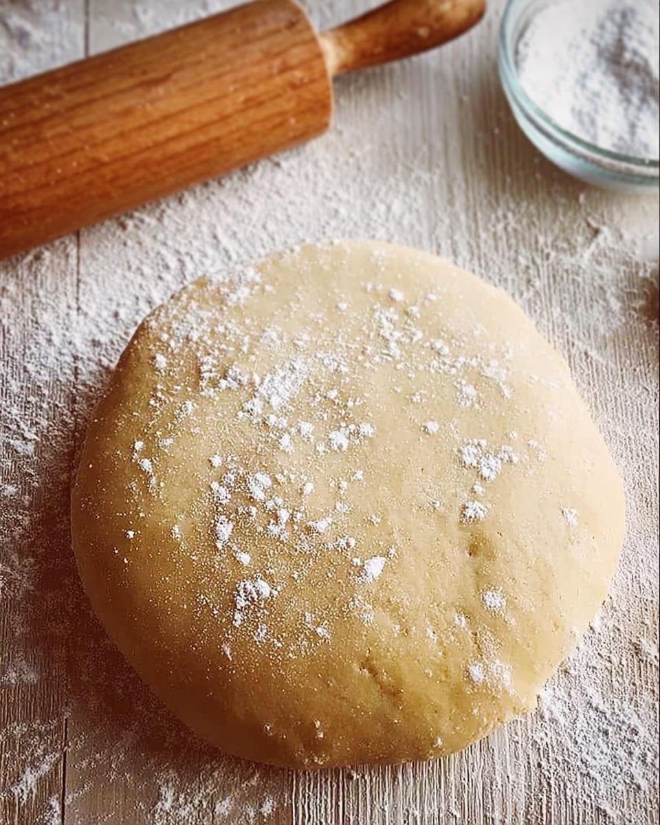 A round dough is placed on a light wooden surface dusted with flour, showing a smooth texture with some small bubbles and a few spots of flour on top. To the left, there is a wooden rolling pin placed partially in the frame. Part of a clear glass bowl is visible at the top right corner. photo taken with an iphone --ar 4:5 --v 7