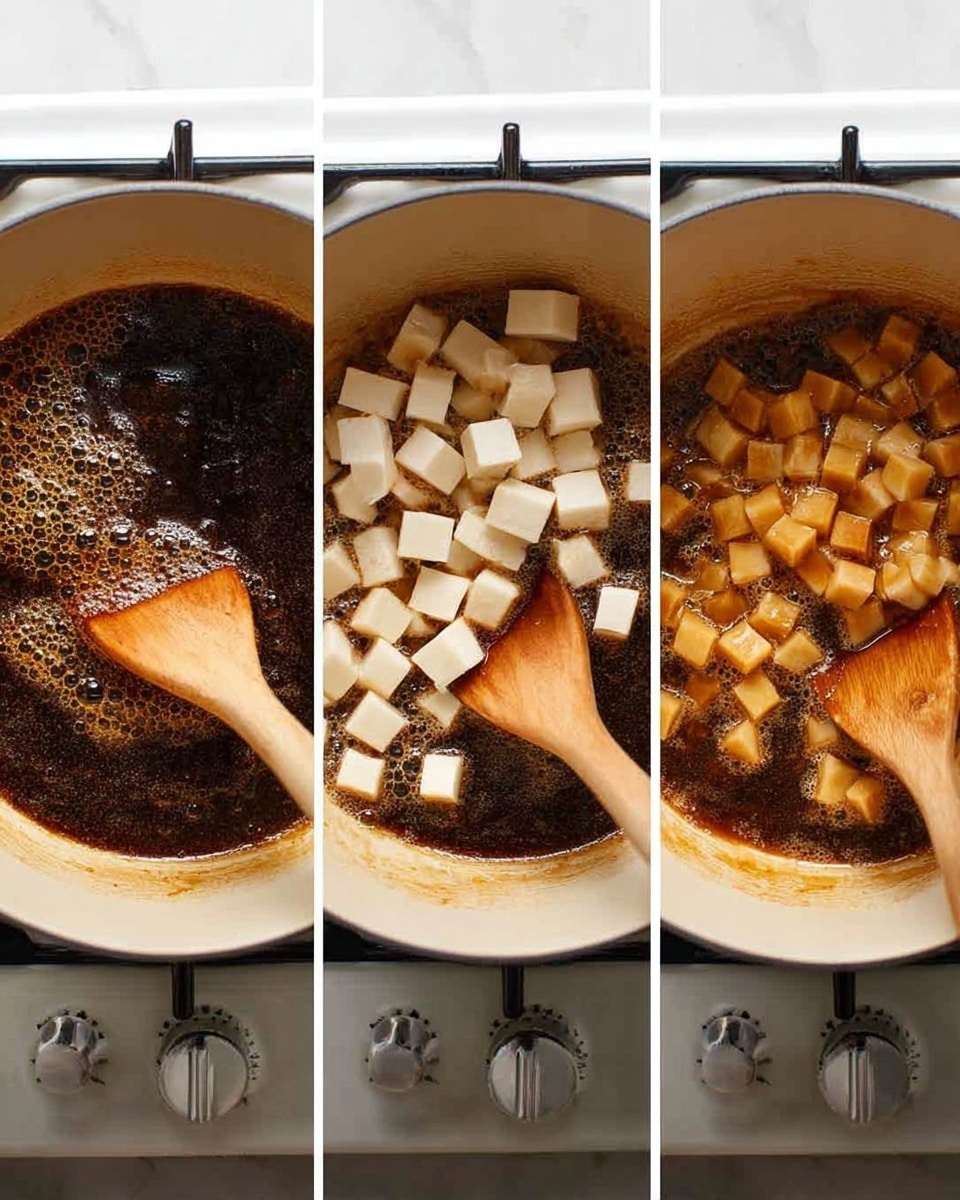The image shows three steps in cooking a sauce or stew inside a large pot on a gas stove. The first step has a bubbling dark brown liquid with foam on top, with a wooden spatula stirring it from the left side. The second step shows many small white cubes added over the dark liquid in the pot, with the wooden spatula resting among the cubes on the right side. The third step shows the cubes now cooked and turned golden brown, soaking in the dark liquid as the wooden spatula stirs gently from the right side. The pot is large and round, the stove is white, and everything is on a white marbled background. photo taken with an iphone --ar 4:5 --v 7