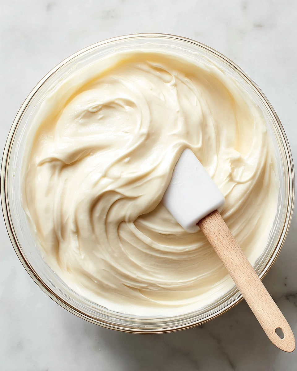 A clear glass bowl filled with a smooth, creamy off-white mixture that looks thick and soft. A wooden spatula with a white silicone tip is resting in the bowl, with the silicone part covered in the creamy mixture, showing gentle swirls and folds in the texture. The bowl sits on a surface with a white marbled texture. photo taken with an iphone --ar 4:5 --v 7