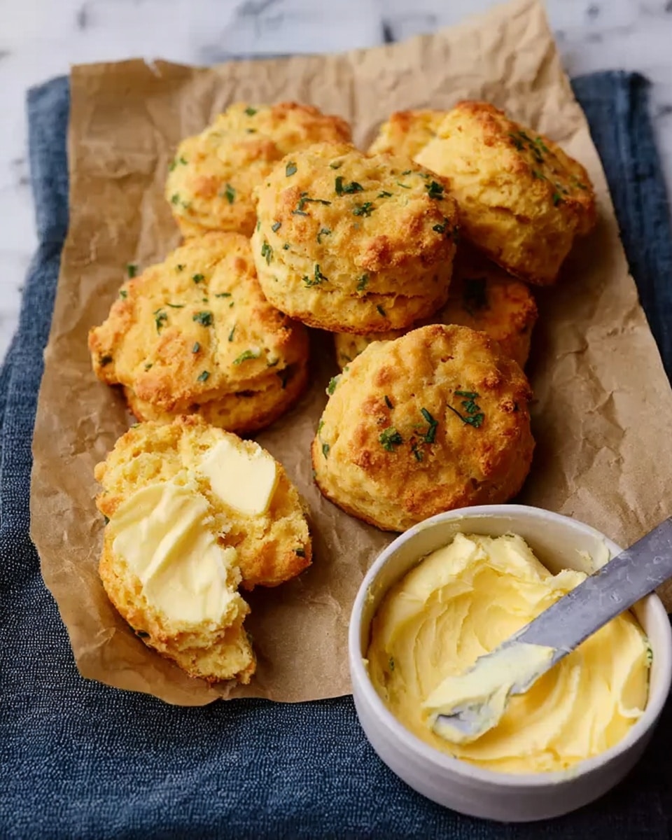 The image shows a group of golden-brown biscuits on a piece of brown parchment paper, placed over a dark blue cloth with a white marbled surface beneath. The biscuits have a rough, flaky texture with small green herb bits sprinkled on top. One biscuit is broken open, revealing a soft, light-yellow inside with a thick layer of pale yellow butter spread on the bottom half. Next to the biscuits is a small white bowl filled with more pale yellow butter, with a butter knife resting across the bowl's edge. The whole scene looks warm and inviting with soft natural light. photo taken with an iphone --ar 4:5 --v 7