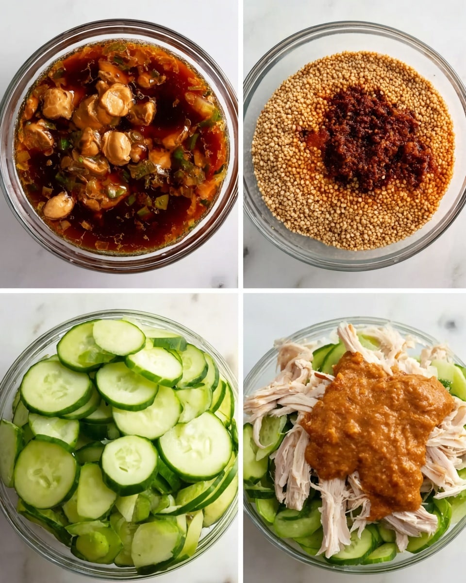 The image shows a four-part collage, each part depicting a stage of preparing a dish. The first part is a close-up of a glass bowl containing a dark, thick sauce with chunks of light brown ingredients in it. The second part shows the same glass bowl with the sauce mixed with grainy mustard seeds and a darker reddish-brown spicy paste on top. The third part shows thin round slices of fresh green cucumber arranged overlapping on a white marbled surface. The last part shows shredded white meat on a bed of sliced fresh cucumber leaves, topped with a thick and chunky orange-brown sauce. The overall composition is clean and simple, with a white marbled background for clarity. Photo taken with an iphone --ar 4:5 --v 7
