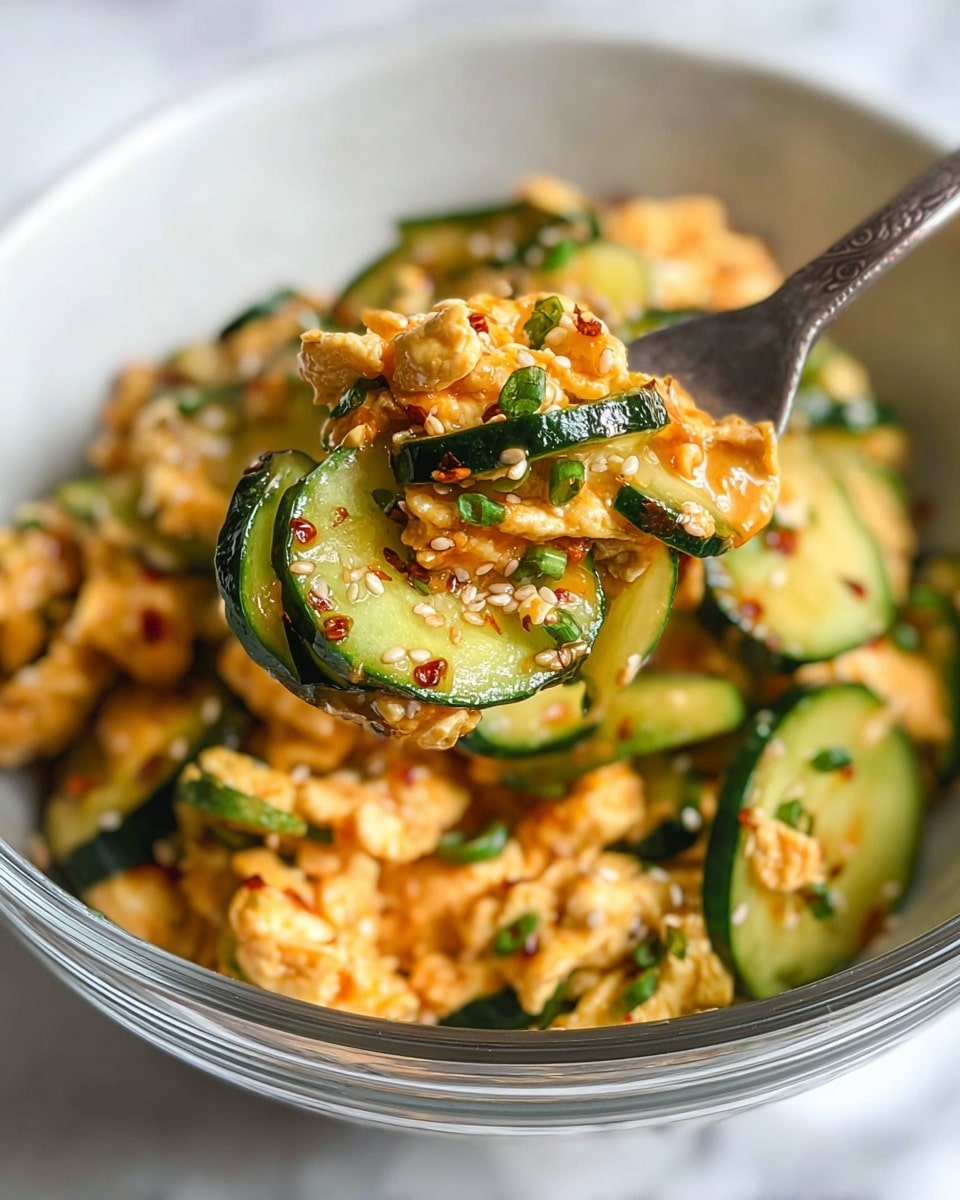 A close-up view of a fork holding a mix of curly green cucumber slices and creamy orange-colored scrambled eggs, coated softly with sesame seeds and small chopped green herbs. The soft scrambled eggs are interlaced with the shiny, textured cucumber pieces, giving a fresh look with a hint of chili oil. In the blurred background, there is a clear white bowl filled with the same dish, all placed on a white marbled surface. photo taken with an iphone --ar 4:5 --v 7