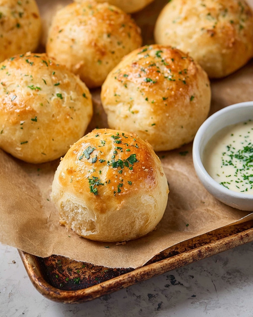 The image shows multiple round, golden-brown bread rolls with a shiny top sprinkled with small green herb pieces, placed on brown parchment paper over a rustic baking tray. The bread rolls have a soft and slightly bumpy texture with some light cracks visible. To the right side, a white bowl with a creamy sauce sprinkled with green herbs is partially visible. The scene is set on a white marbled textured surface. Photo taken with an iphone --ar 4:5 --v 7