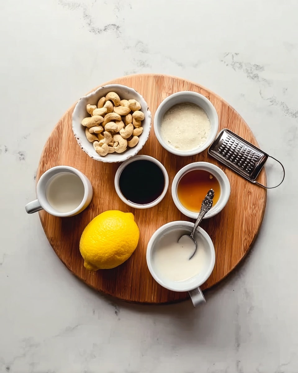 A round wooden board placed on a white marbled surface holds several small white bowls and a lemon arranged neatly. One bowl is filled with cashew nuts, another with a light brown liquid, another with a dark liquid, and another with a creamy white substance. There is also a small white cup with a white liquid and a teaspoon resting on the board. A small metal grater is positioned next to a bright yellow lemon on the board. The wooden texture contrasts softly against the white bowls and surface, highlighting the colors and textures of each ingredient photo taken with an iphone --ar 4:5 --v 7