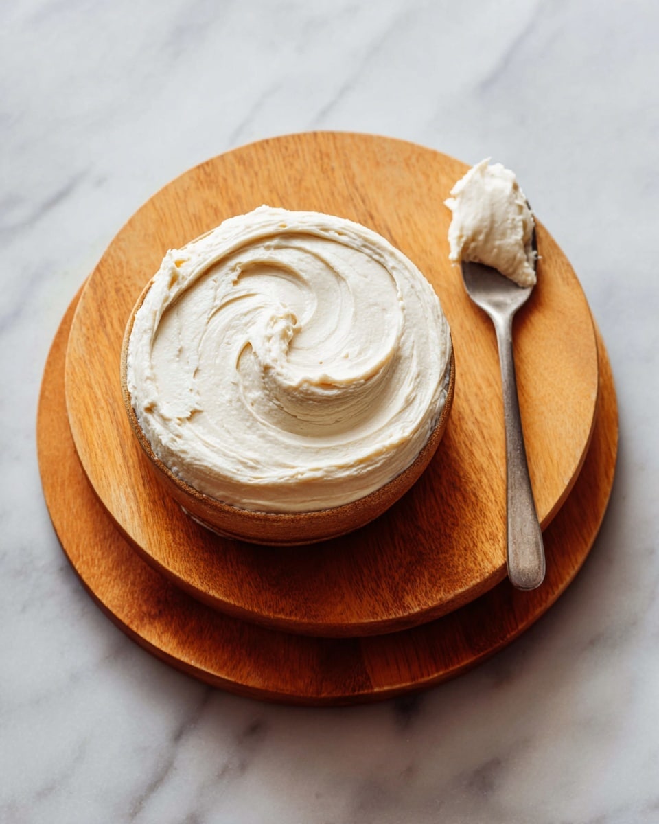 A small round container filled with one thick layer of smooth, creamy white spread with soft swirls on the surface. The container is placed on two round wooden boards stacked on top of each other, with the boards showing a warm natural wood color and grain texture. Next to the container on the wooden board is a metal spoon with some of the white spread resting on it. The setting is on a white marbled surface. Photo taken with an iphone --ar 4:5 --v 7