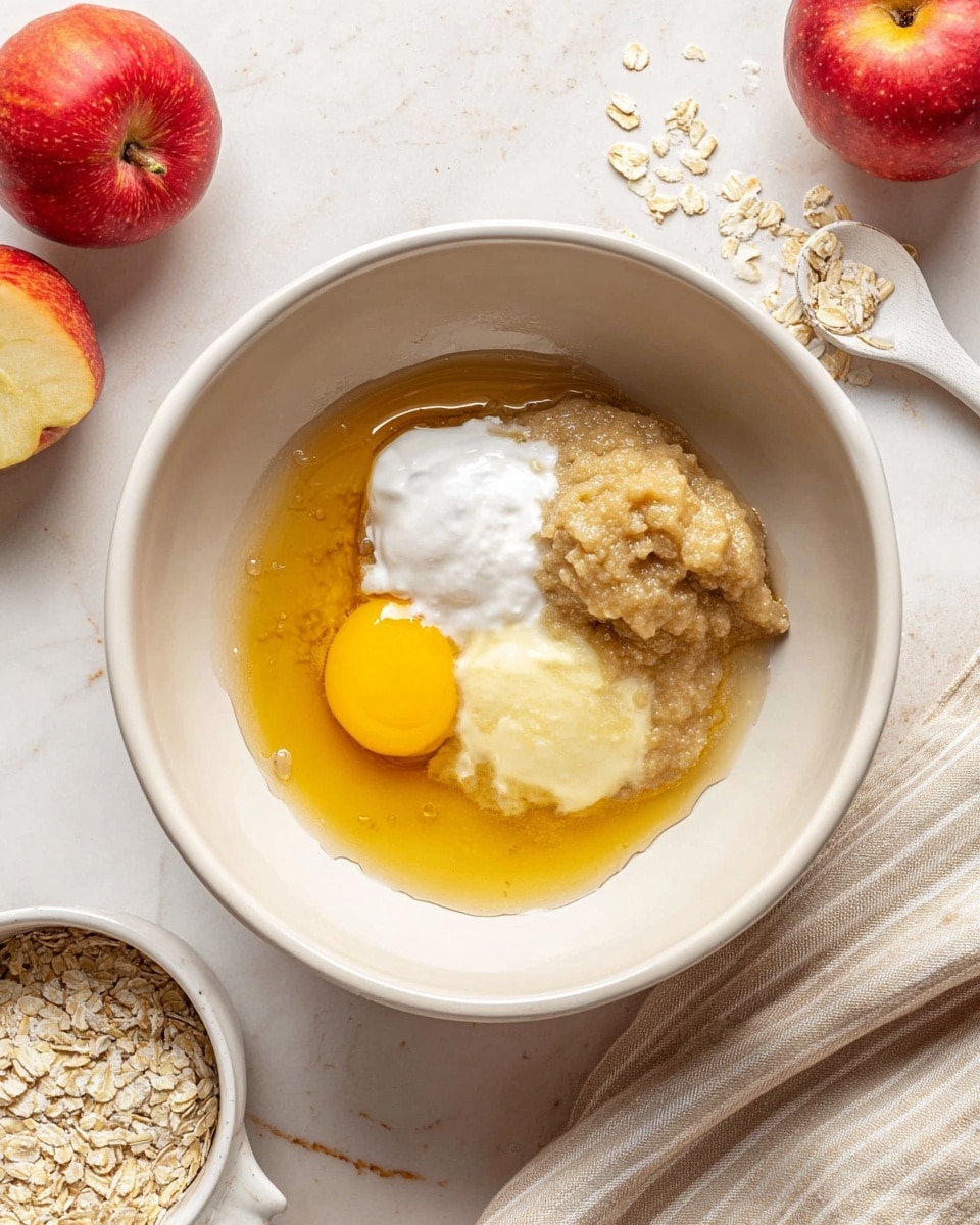 In a large white bowl on a white marbled surface, there are five visible ingredients layered side by side: a bright yellow egg yolk at the bottom left, a dollop of white cream above the yolk, a smooth pale yellow butter patch next to the cream, a rough light brown mashed mixture on the right side, and all of these sit in a pool of golden liquid, likely honey or syrup, spreading around the ingredients. Around the bowl, there are two red apples on the top left, some scattered oats near the top right, a white cup filled with oats at the bottom left, and a beige striped cloth partly under the bowl at the bottom right. A wooden spoon with a white end rests near the top right corner. photo taken with an iphone --ar 4:5 --v 7