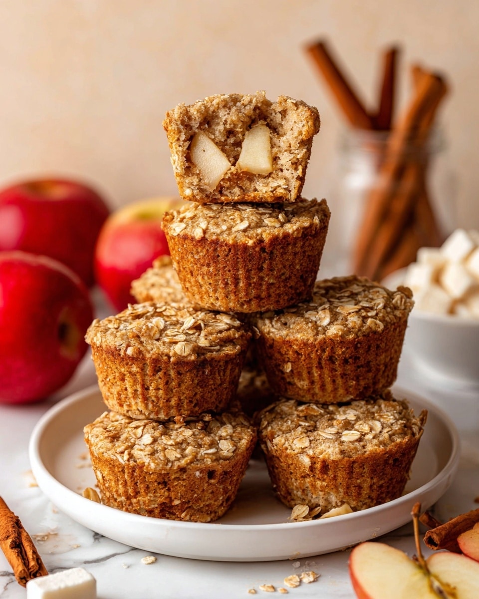 A stack of seven oatmeal muffins with apple pieces sits on a white plate with a white marbled surface beneath; the muffins are golden brown with a rough texture showing small oats on the surface, and one muffin is cut in half and placed on top, revealing a light brown moist inside with visible soft apple chunks; in the background, there are two red apples, a small jar holding cinnamon sticks, and a white bowl filled with small white cubes, all softly blurred to keep focus on the muffins; the scene is warm and cozy, suggesting a homemade treat photo taken with an iphone --ar 4:5 --v 7