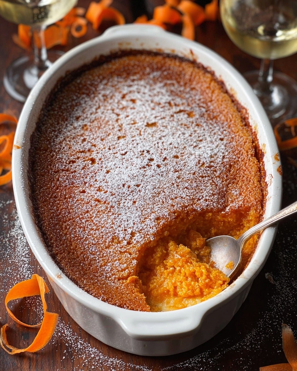 A white oval baking dish filled with a thick, golden-brown baked dessert that looks slightly crispy on top, dusted lightly with powdered sugar; one corner has a spoon scooping out the soft, orange inner layer that is smooth and moist, showing a contrast between the firm top layer and the creamy filling. The dish sits on a dark wooden surface with orange carrot ribbons scattered around, and there are pieces of carrots and two glasses of white wine nearby. Photo taken with an iphone --ar 4:5 --v 7