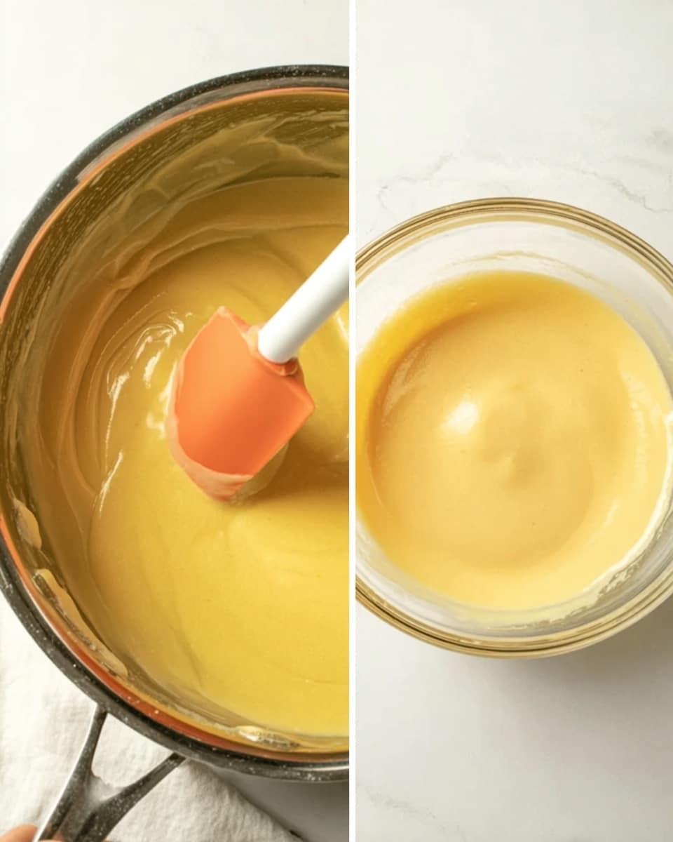 The image shows two parts: on the left is a shiny silver pot filled with thick, creamy yellow sauce being stirred with an orange spatula held by a woman's hand, the sauce smooth and shiny with a soft texture; on the right is a clear glass bowl filled with light yellow creamy sauce, smooth and glossy on top, placed on a white marbled surface. Photo taken with an iphone --ar 4:5 --v 7