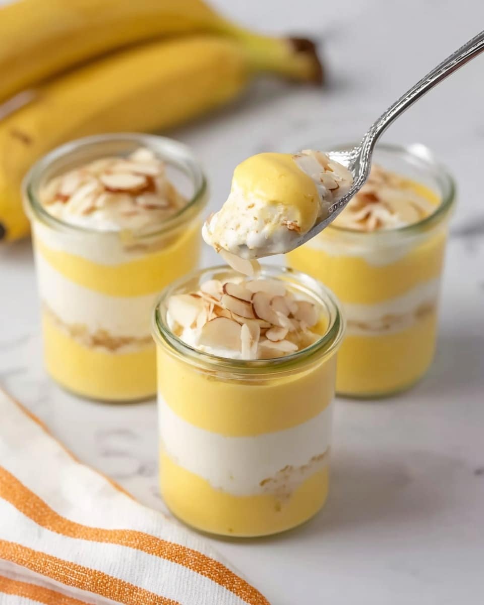 The image shows three small clear glass jars, each with three layers of dessert. The bottom layer is creamy yellow, smooth in texture. The middle layer is white and fluffy, looking like whipped cream. The top layer is the same creamy yellow as the bottom and has small brown nut slices sprinkled on top. In the front jar, a spoon is lifting some of the top yellow layer, showing its thick and soft texture. The jars are placed on a white marbled surface with a white cloth that has an orange striped edge behind them. There are bananas blurred in the background. Photo taken with an iphone --ar 4:5 --v 7