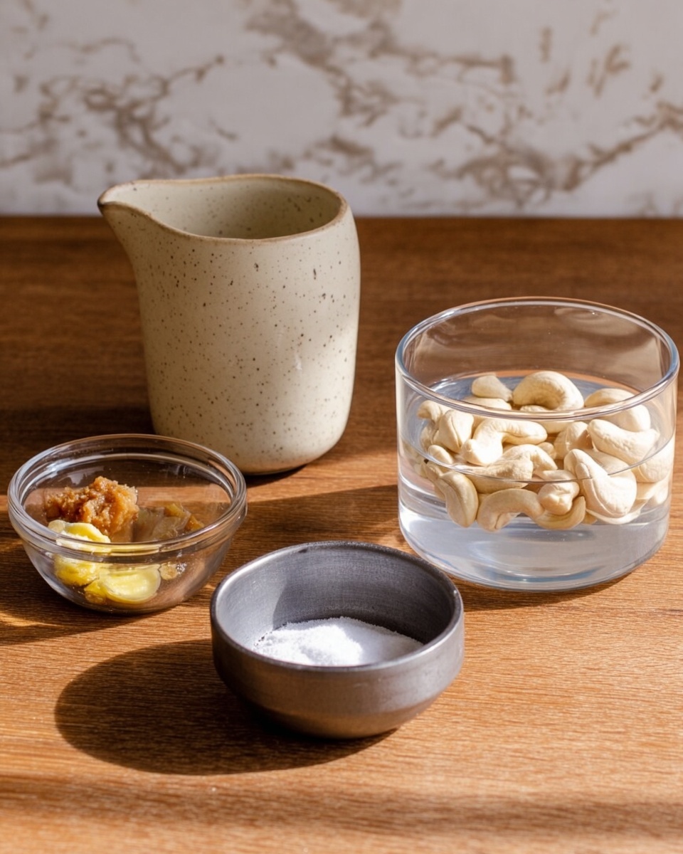 The image shows four containers placed on a wooden table. On the right, there is a clear glass bowl filled with water and light beige cashew nuts soaking in it. To the left of it is a small beige ceramic jug with a subtle speckled pattern, filled with a liquid. In front of the jug is a small metal bowl containing white powder, likely salt. On the far left, there is a small clear glass bowl with a mixture of ingredients including light yellow garlic cloves and a beige paste, possibly ginger-garlic paste. The background is a white marbled texture, and the image looks bright and natural. photo taken with an iphone --ar 4:5 --v 7