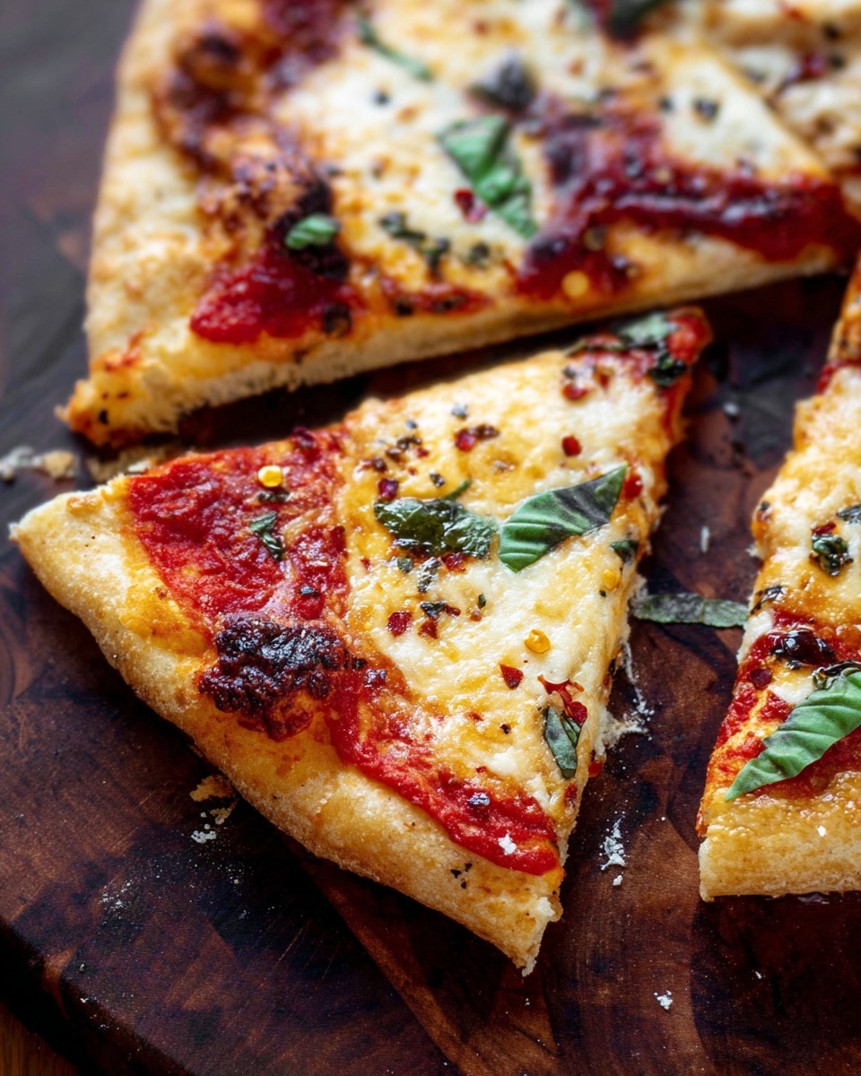 A close-up view of a pizza slice on a dark wooden board, showing three main layers: a golden-brown crust base with a slightly puffed edge, a thick bright red tomato sauce layer spread unevenly, and a melted light yellow cheese layer with some browned spots on top. There are green basil leaves scattered across the slice, some partly covered by cheese. Small bits of red pepper flakes and herbs are also sprinkled on the cheese, adding texture and color contrast photo taken with an iphone --ar 4:5 --v 7