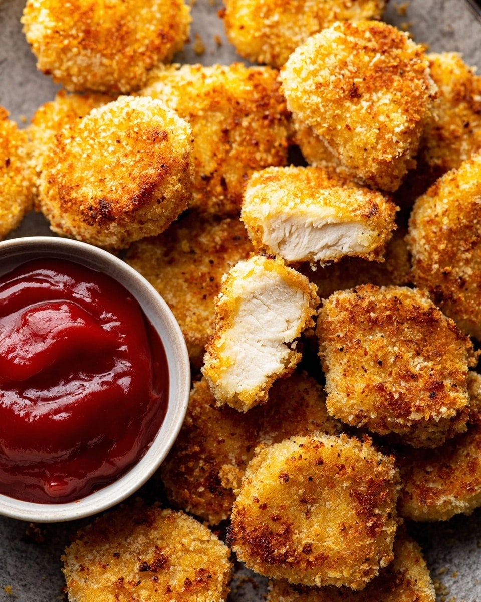 This image shows a close-up of round golden brown chicken nuggets with a crispy, crumb coating. One nugget is broken in half, showing the light, flaky cooked chicken inside. The nuggets are arranged closely together on a gray, textured surface, with a small white bowl filled with smooth, shiny red ketchup on the left side. The rich red color of the ketchup contrasts with the warm golden crumbs of the nuggets. photo taken with an iphone --ar 4:5 --v 7