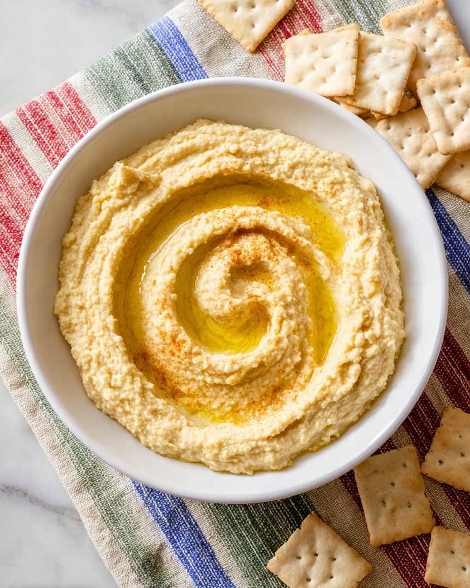 A white bowl filled with creamy hummus that has a smooth pale yellow color and a slightly grainy texture. The hummus forms a spiral shape in the bowl with a drizzle of golden olive oil pooling in the center of the spiral. The bowl sits on a white marbled surface with a fabric underneath that has red, blue, green, and beige stripes. Around the bowl, there are several square saltine crackers with a light beige color and a slightly rough texture. photo taken with an iphone --ar 4:5 --v 7