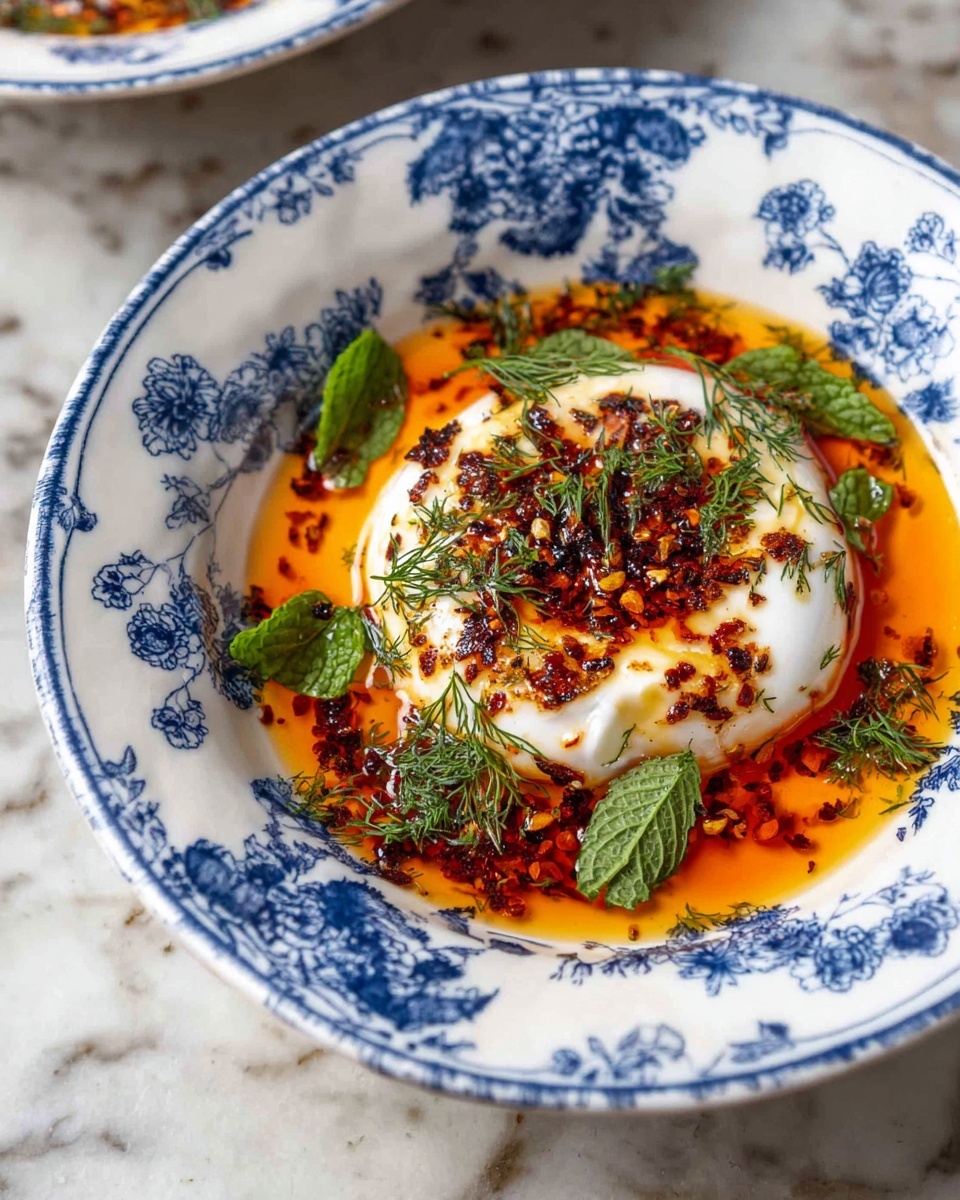 A white bowl with blue floral pattern holds a dish with three clear layers: the bottom layer is a pool of bright orange chili oil, the middle layer is thick white yogurt surrounding a soft poached egg in the center, and the top layer is a sprinkle of dark red chili flakes on the egg. Fresh green herbs, including mint and dill, are scattered around the egg adding pops of green color. The background is a white marbled texture. photo taken with an iphone --ar 4:5 --v 7