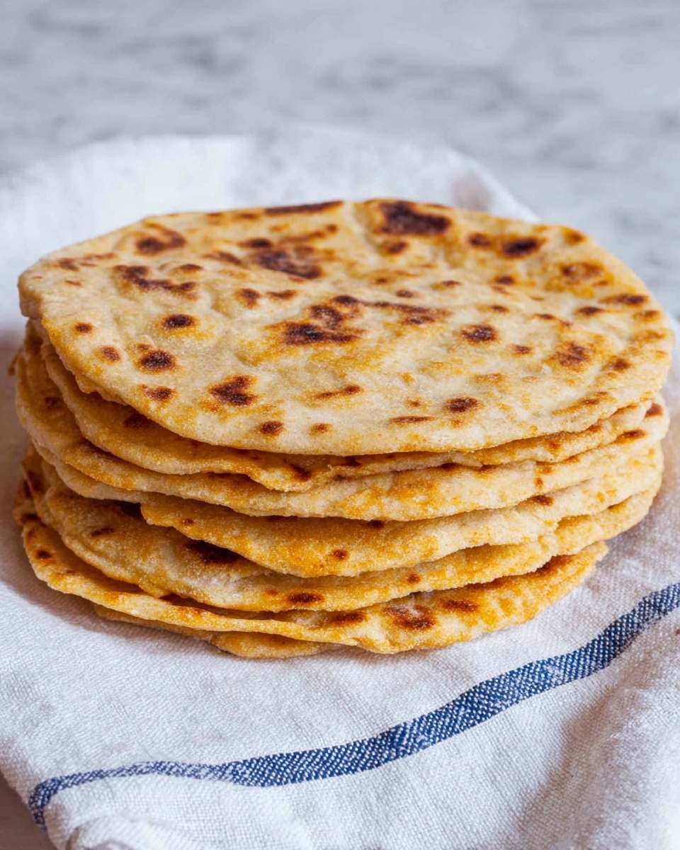 The image shows a stack of seven flatbreads placed on a white cloth with a blue stripe at the bottom. Each flatbread layer is golden brown with darker brown spots, showing a slightly uneven, cooked texture. The flatbreads appear soft and thin, with edges that are slightly curled and rough. The top flatbread is the most visible, displaying a mix of light and dark brown shades, while the flatbreads below are partially visible through the stack. The background has a white marbled texture. Photo taken with an iphone --ar 4:5 --v 7