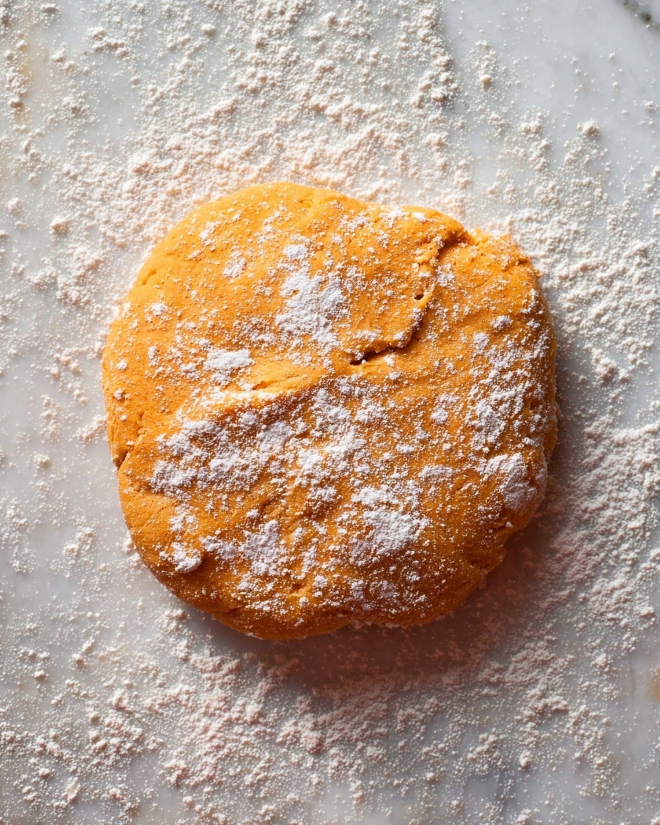 A single round, thick, orange dough ball sits on a white marbled surface that is dusted heavily with white flour. The dough has a slightly rough texture with uneven edges and some cracks. Flour is lightly scattered on top, adding a powdery contrast to the bright orange dough beneath. The scene shows no other objects, focusing only on the dough and the flour-covered surface. photo taken with an iphone --ar 4:5 --v 7