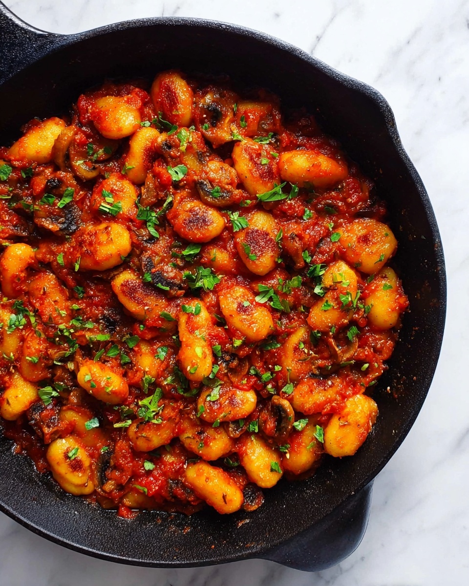 A black cast iron pan filled with golden-brown gnocchi pieces cooked in a rich, chunky red tomato sauce with visible bits of mushrooms and onions mixed throughout. The gnocchi are browned on the edges, giving a slightly crispy texture, and the dish is topped with small sprinkles of fresh green herbs. The pan sits on a white marbled surface. Photo taken with an iphone --ar 4:5 --v 7