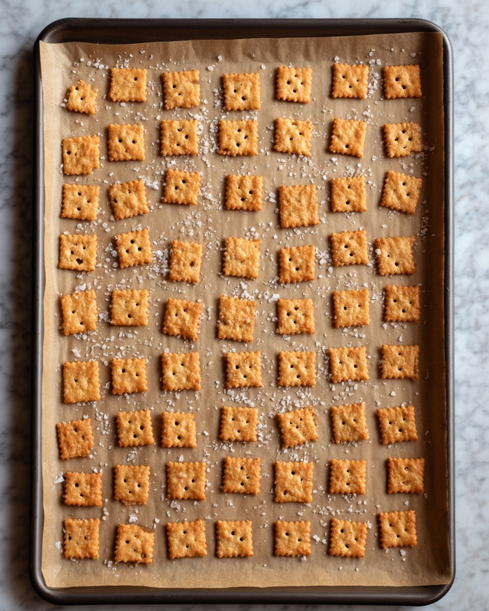 The image shows a baking tray covered with brown parchment paper on a white marbled surface. On the paper, there are seven rows of small, square crackers arranged in a neat grid. Each cracker is golden brown with a slightly rough texture, and most have four tiny holes in the center. Scattered unevenly around the crackers are coarse white salt flakes that add contrast to the warm tones. The edges of the crackers vary slightly, giving a handmade look, and the light highlights their crispy texture. Photo taken with an iphone --ar 4:5 --v 7