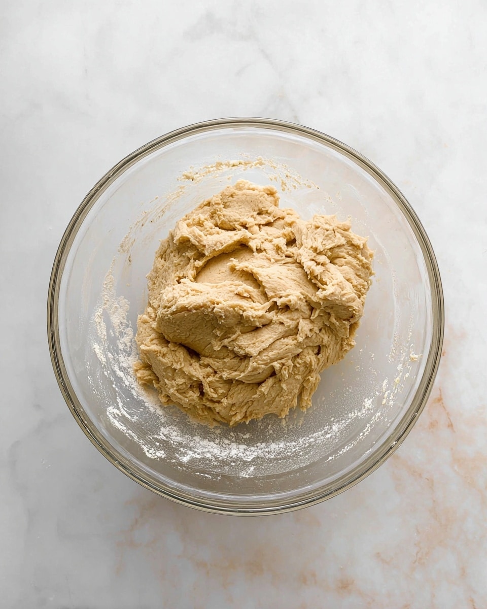 A clear glass bowl sits on a white marbled surface, holding a single large mound of thick, light brown dough with a slightly grainy texture and rough surface. There is some white flour dust spread unevenly inside the bowl around the dough, emphasizing the mixing process. The dough's shape is irregular with soft ridges and folds, showing it was recently stirred. The overall scene looks clean and simple with soft natural lighting. Photo taken with an iphone --ar 4:5 --v 7