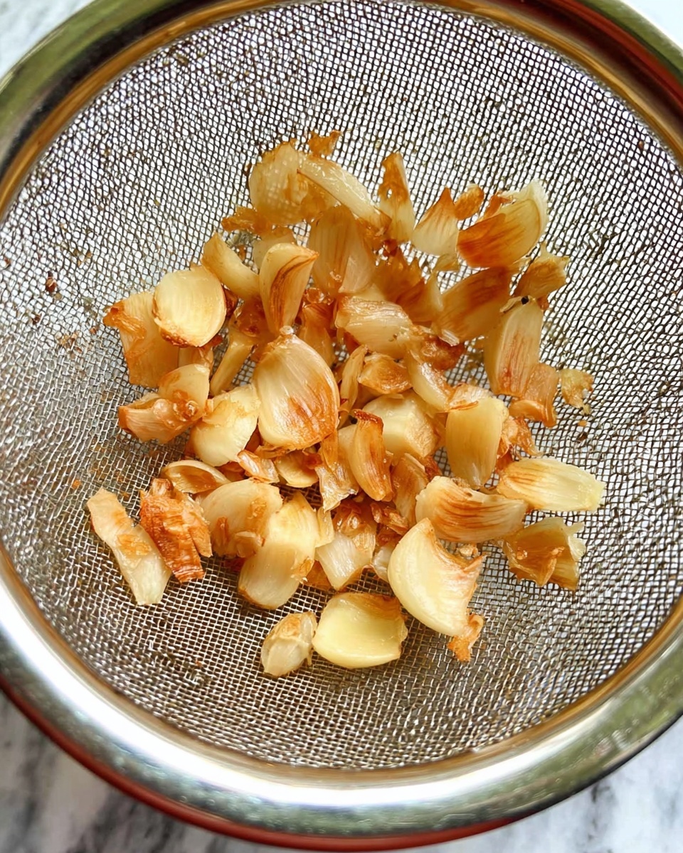 The image shows small, thin slices of fried garlic in a fine metal mesh strainer. The garlic pieces are light golden brown with some edges darker, showing slight crispiness. The mesh has a tight grid pattern and is silver in color, allowing the garlic to be seen clearly. The overall background is a white marbled texture. photo taken with an iphone --ar 4:5 --v 7