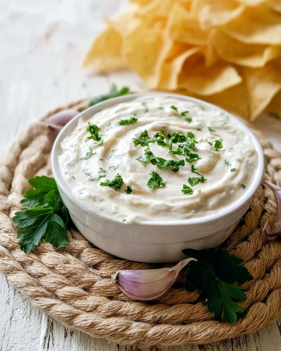 A white bowl filled with creamy white dip that has a smooth, slightly swirled texture, topped with bright green parsley leaves scattered over the surface. The bowl sits on a thick, beige braided mat placed on a rustic wooden table. Near the bowl, there are two purplish garlic cloves and some green parsley leaves spread around. In the background, a pile of light yellow tortilla chips is visible, slightly blurred. The whole scene is on a white marbled surface. photo taken with an iphone --ar 4:5 --v 7