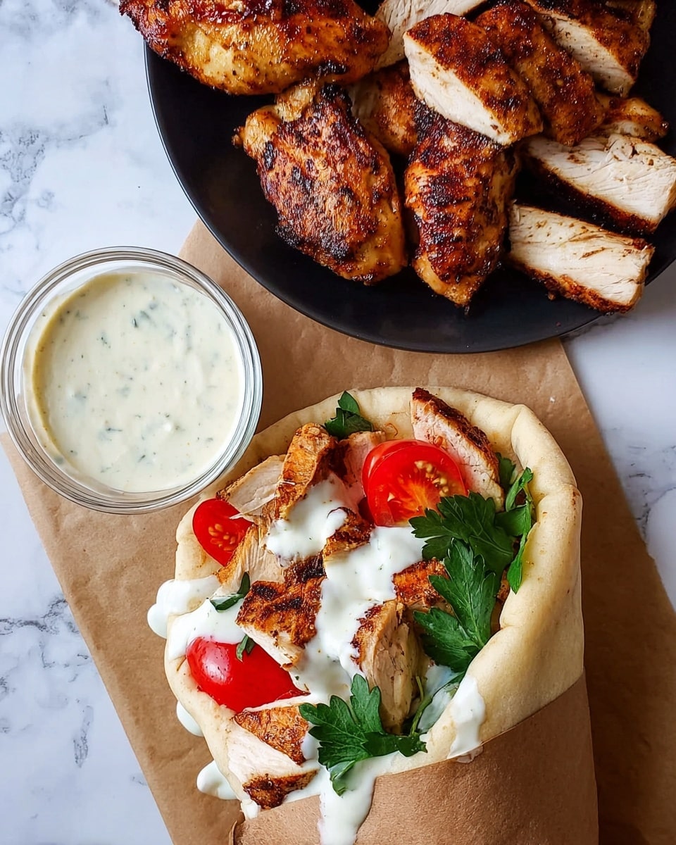 The image shows a white pita wrap filled with layers of grilled chicken pieces, bright red tomato slices, fresh green parsley leaves, and topped with creamy white sauce that slightly drips out of the wrap onto the white marbled surface. Next to the wrap, there is a small glass container filled with more creamy white sauce. Above the wrap, a black plate holds several pieces of grilled chicken, some whole and some sliced, all showing a golden-brown crust with a cooked white interior. The whole setup is placed on a piece of brown paper resting on a white marbled background. Photo taken with an iphone --ar 4:5 --v 7
