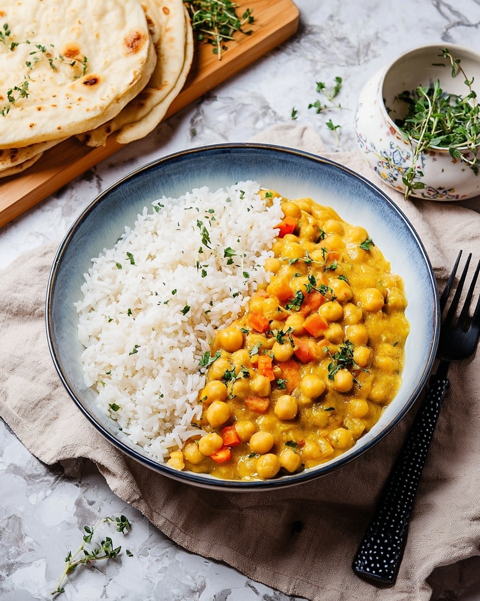 A shallow white bowl with a blue inner surface holds two main layers: on the left, a thick layer of white rice with soft, fluffy texture; on the right, a thick yellow curry stew made of chickpeas and small orange carrot pieces, garnished with small green herb leaves scattered on top. The bowl sits on a beige cloth on a white marbled texture surface, next to a wooden board holding folded flatbread with sprigs of fresh green herbs. A black fork with white speckles is placed on the right side near the bowl, and a small white bowl with a decorative rim contains a few sprigs of green herbs in the background. Photo taken with an iphone --ar 4:5 --v 7